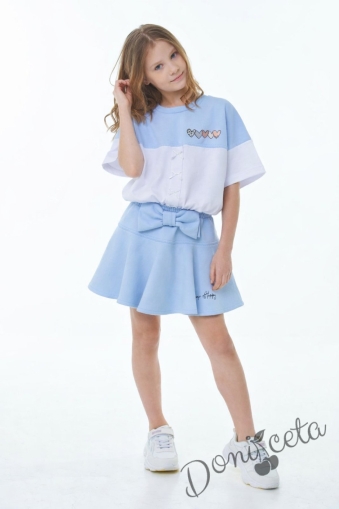 Комплект за момиче от 2 части- пола панталон в синьо и блуза с къс ръкав