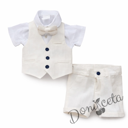 Летен комплект за момче в екрю от панталон, елек, папийонка и ризка в бяло с къс ръкав