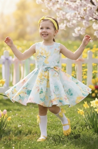 Официална или ежедневна детска рокля клош Вилина на цветя в жълто и тюркоаз