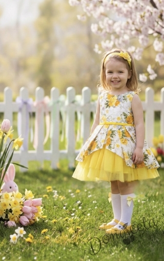 Детска официална рокля клош с жълти цветя  с тюл Надежда