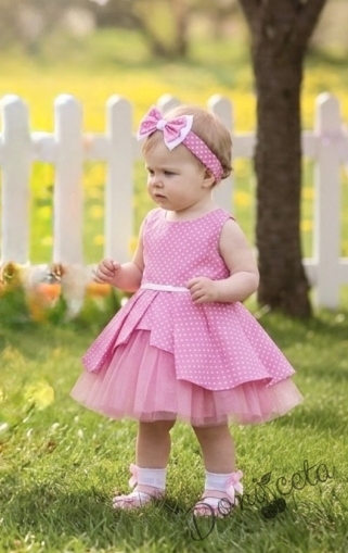 Официална детска памучна рокля Надежда в розово на точки тип клош с тюл от колекция Розовина