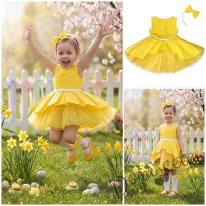 Детска официална памучна рокля  Надежда в жълто на точки тип клош с тюл и диадема за коса в жълто на точки