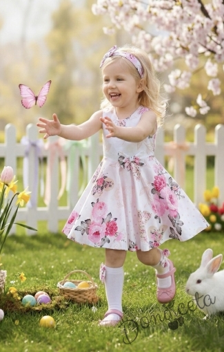 Официална или ежедневна детска или бебешка рокля на цветя клош тип в розово Вилина