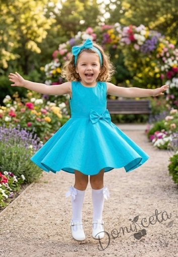 Официална детска/бебешка рокля в тюркоаз тип клош с панделка Вилина