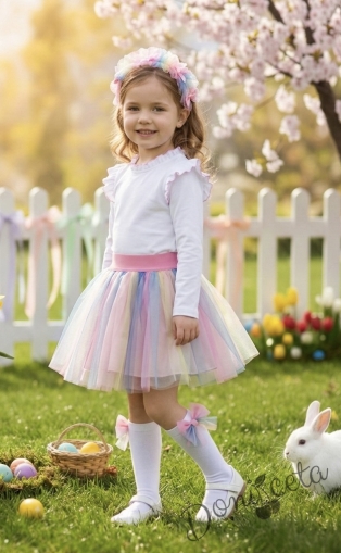 Комплект от 2 части-детска многоцветна пола Радост и блузка с дълъг ръкав с крилца обкрайчени с розово