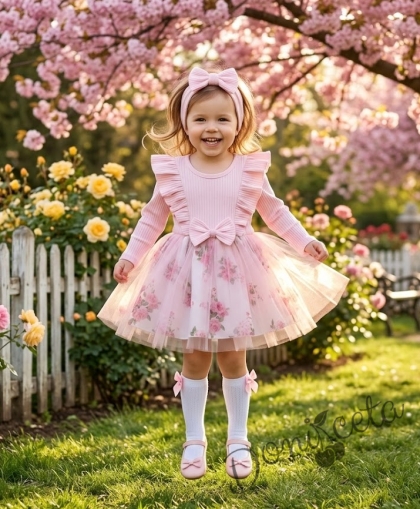 Детска ежедневна рокля с дълъг ръкав в розово с къдрички и тюл в долната част