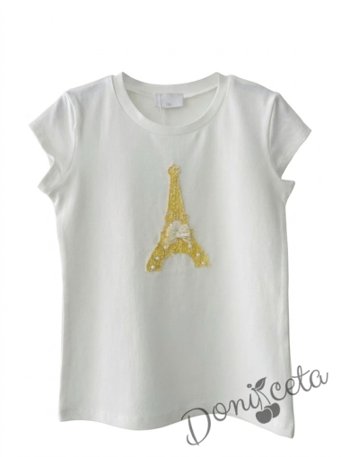Детска блуза с къс ръкав и апликация изобразяваща Айфеловата кула в жълто