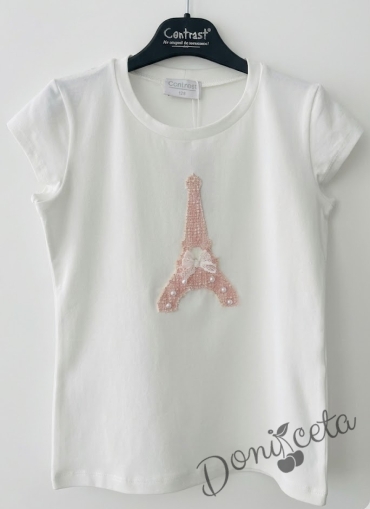 Детска блуза с къс ръкав и апликация изобразяваща Айфеловата кула в розово