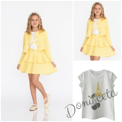 Комплект за момиче от 3 части-пола,тениска с къс ръкав и сако с дълъг ръкав в жълто