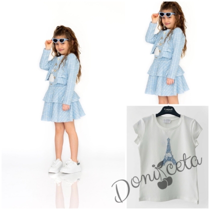 Комплект за момиче от 3 части-пола,тениска с къс ръкав и сако с дълъг ръкав в синьо