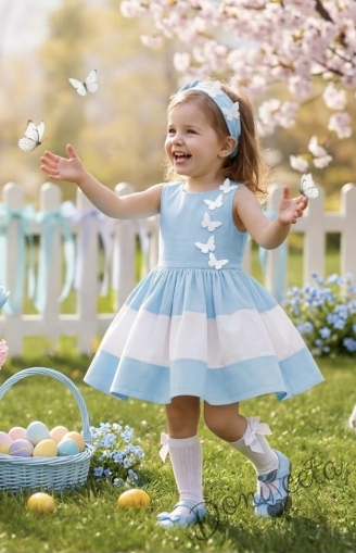 Официална детска памучна рокля в синьо и бяло с пеперуди в бяло Далента