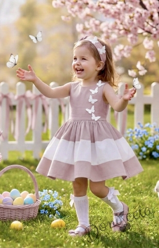 Официална детска рокля в пепел от рози и бяло с 3D пеперуди Далента