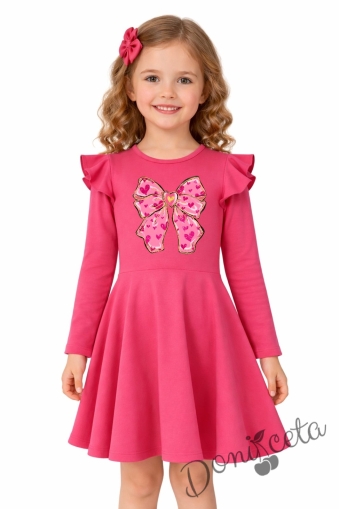 Детска рокля с дълъг ръкав в циклама с къдрички и панделка