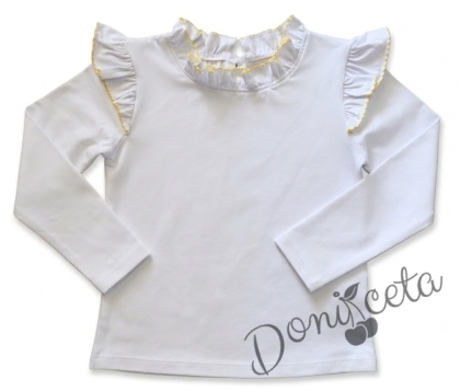 Детска блуза с дълъг ръкав за момиче в бяло с къдрички и кант в жълто