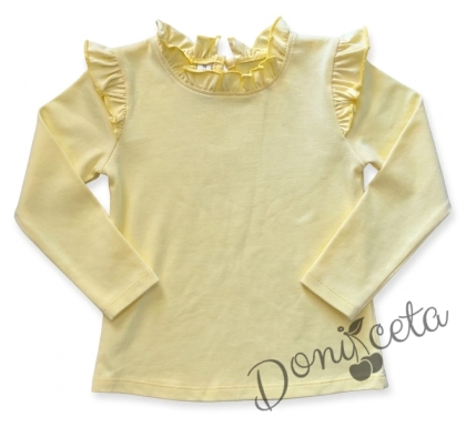 Детска блуза с дълъг ръкав за момиче с къдрички и кант в жълто