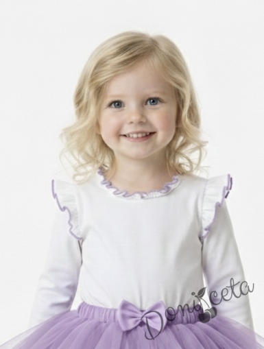 Детска блуза с дълъг ръкав за момиче в бяло с къдрички и кант в лилаво