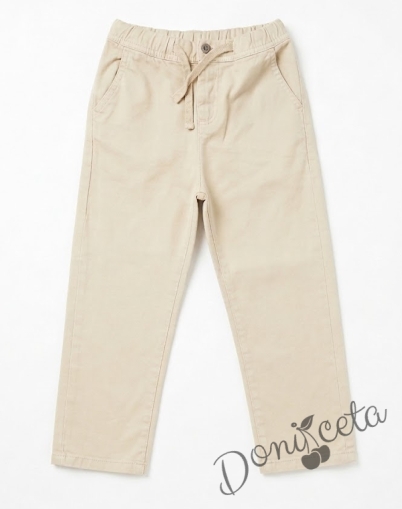 Детски спортно-елегантен панталон за момче в бежово с връзки и джобове