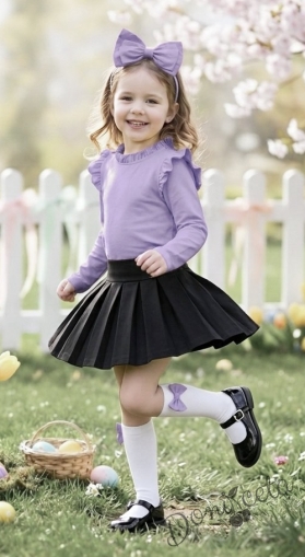 Комплект за момиче от 2 части - пола от трико в черно и блуза с дълъг ръкав с къдрички в лилаво