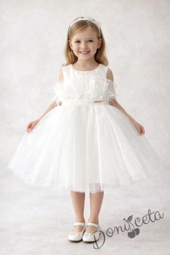 Официална бебешка рокля без ръкав с тюл, перца и панделка Анелия