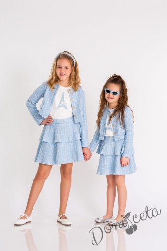 Комплект за момиче от 3 части-пола,тениска с къс ръкав и сако с дълъг ръкав в синьо