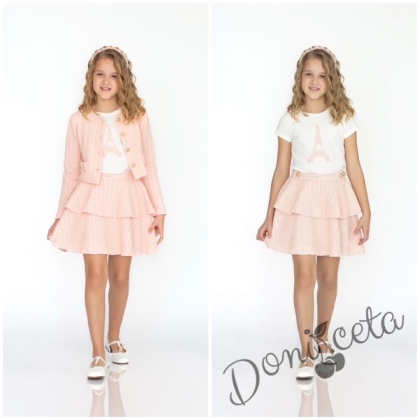 Комплект за момиче от 3 части-пола,тениска с къс ръкав и сако с дълъг ръкав в розово