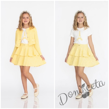 Комплект за момиче от 3 части-пола,тениска с къс ръкав и сако с дълъг ръкав в жълто