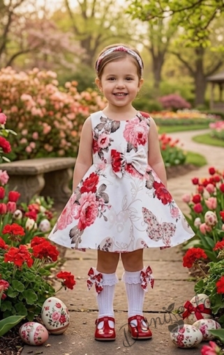 Детска или бебешка  рокля в бяло с цветя в червено клош Вилина