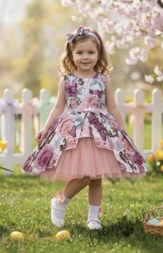 Официална детска памучна рокля на цветя Надежда с тюл в пепел от рози