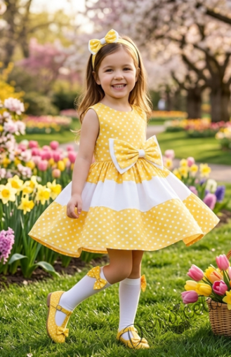 Официална памучна детска рокля в жълто на бели точки с тюл Далента