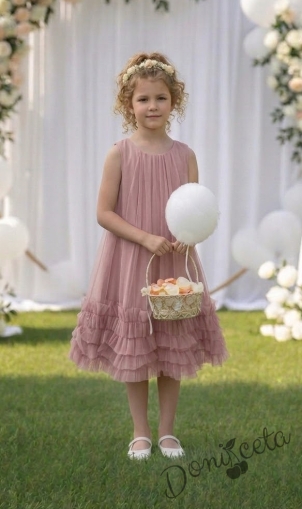 Официална или ежедневна детска рокля в пепел от рози с ефирен завършек