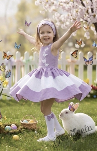 Официална детска рокля в лилаво и бяло с 3D пеперуди Далента