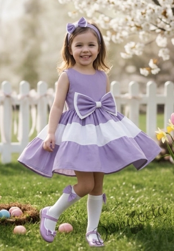 Детска официална  памучна рокля в лилаво с панделка Далента