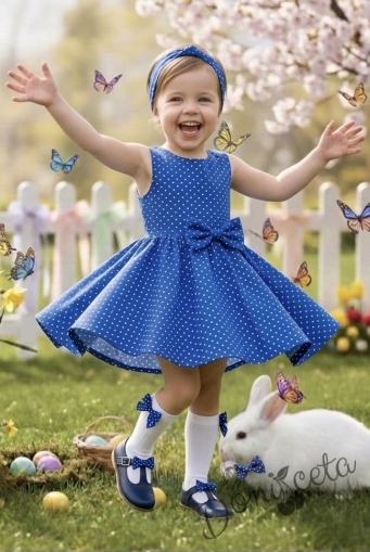 Ежедневна или официална детска рокля клош в синьо на бели точки Вилина