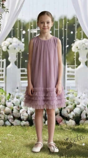 Официална или ежедневна детска рокля в пепел от рози с ефирен завършек