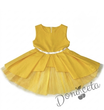 Детска памучна рокля Надежда в жълто с тюл отпред