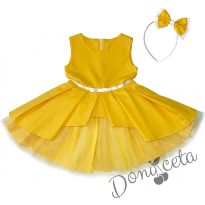 Детска рокля Надежда в жълто с тюл и диадема за коса в бяло и жълто 