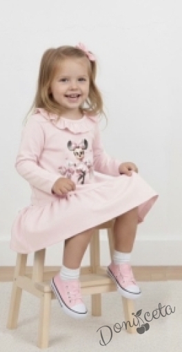 Детска рокля с дълъг ръкав с къдрички на бието в светлорозово с любим герой