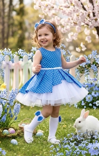 Детска рокля памучна рокля Надежда в синьо на точки с тюл в бяло