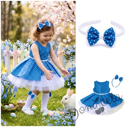 Детска памучна рокля  Надежда в синьо с тюл и диадема за коса в синьо на точки