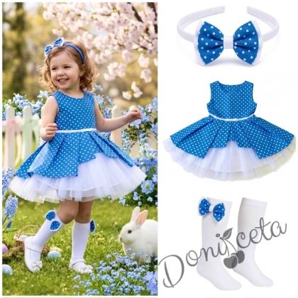 Комплект от 3 части- детска памучна рокля Надежда в синьо с тюл, диадема за коса в синьо на точки и чорапки в бяло с панделки