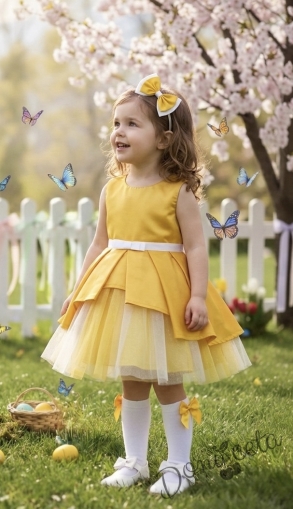 Детска памучна рокля Надежда в жълто с тюл отпред