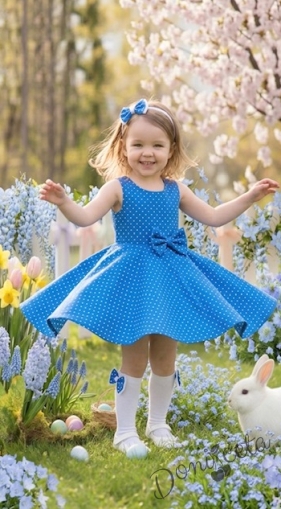 Ежедневна или официална детска рокля клош в кралско синьо на бели точки Вилина