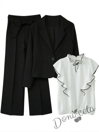 Комплект за момиче от 3 части - сако Ким, панталон с висока талия и коланче в черно и блуза без ръкав с панделка в черно