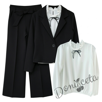 Комплект за момиче от 3 части - сако, панталон с висока талия и колан в черно и блуза с дълъг ръкав с панделка в черно