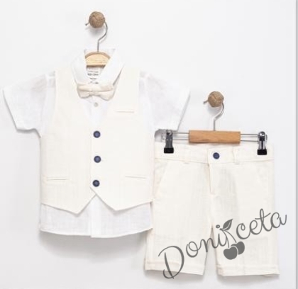 Летен официален комплект за момче от 4 части - риза в бяло с къс ръкав , къси панталони, елек и папийонка в бежово 
