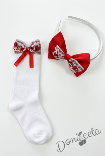 Комплект ръчно изработена диадема и чорапи с фолклкорни/етно мотиви в бяло и червено