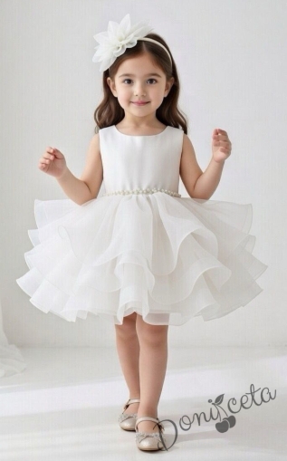 Официална детска рокля Бела къс ръкав и богат тюл в бяло с диадема