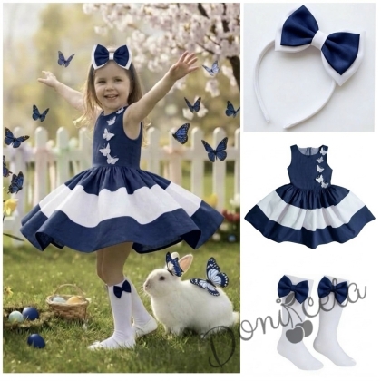 Комплект от детска рокля в тъмносиньо и бяло с 3D пеперуди Далента с диадема и чорапки