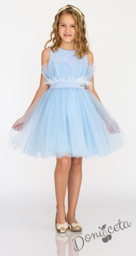 Детска рокля с богат тюл и пера в светлосиньо с панделка Анелия 