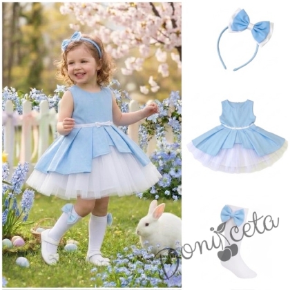 Комплект от 3 части- детска памучна рокля Надежда в светлосиньо с тюл, диадема за коса в синьо и чорапки в бяло с панделки